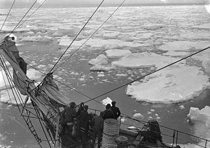 Pack ice seen on 31st Dec 1911, five men on deck and rigging of the Aurora