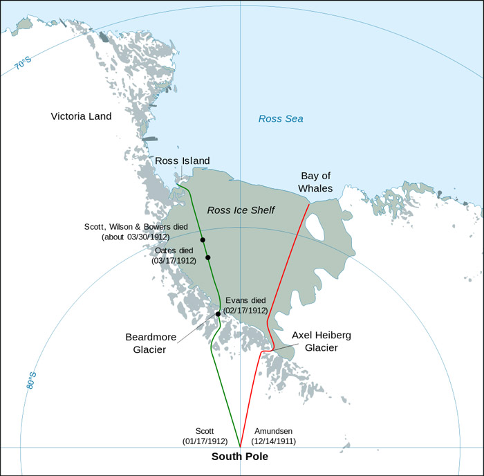 The routes of Amundsen and Scott