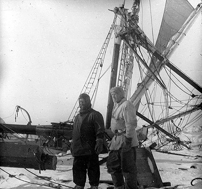 Frank Wild and Sir Ernest Shackleton survey the ruins of the Endurance