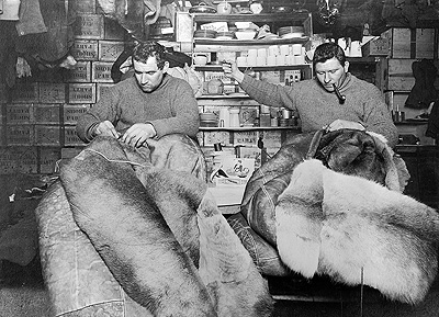 Crean and Edgar Evans mending sleeping bags, May 16th 1911, Scott