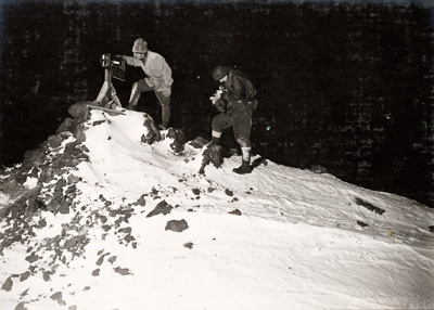 Edward Adrian Wilson and Henry Robertson Bowers reading the Ramp thermometer, June 7th 1911