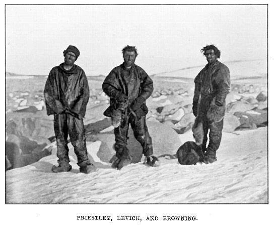 Priestley, Levick and Browning after thier winter in an ice cave on Inexpressible Island