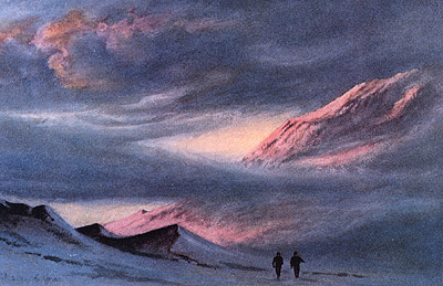 Edward Wilson, watercolour painting - A sunset from Hut Point, April 2nd, 1911