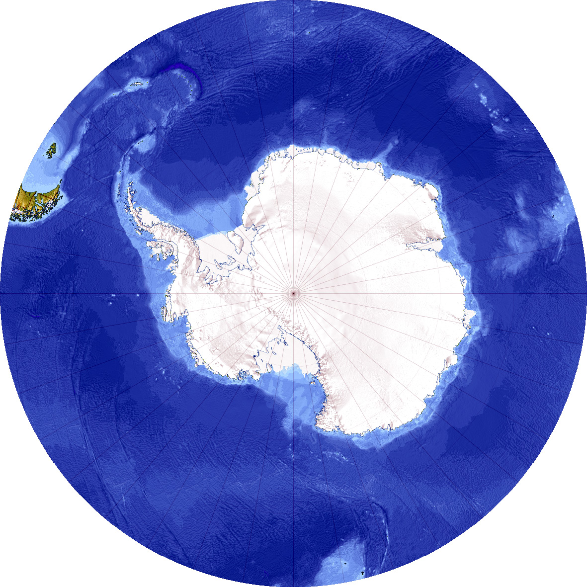 The Antarctic centered on the South Pole Land surrounded by sea