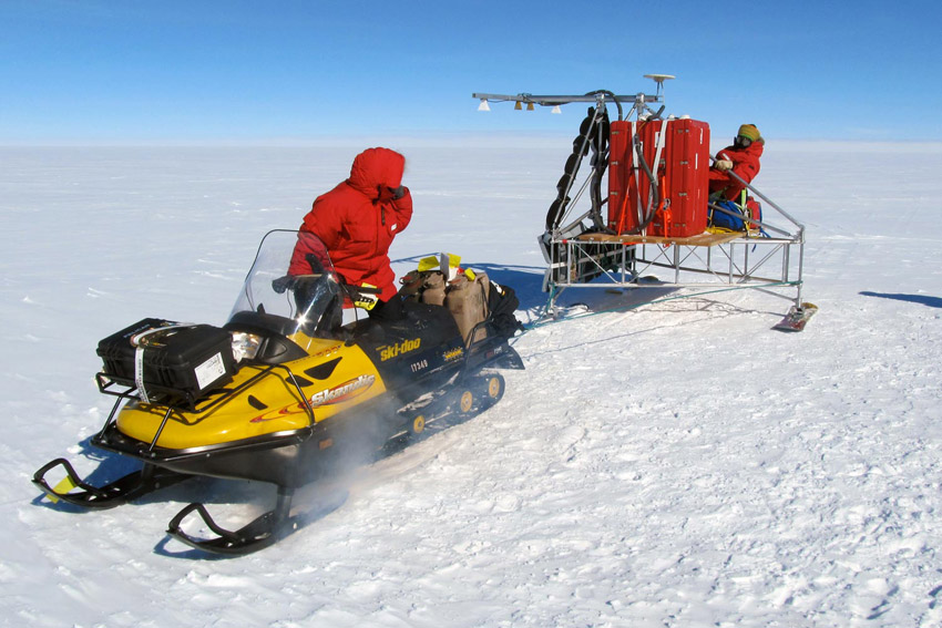 Radar sled, snow mobile and ice penetrating radar