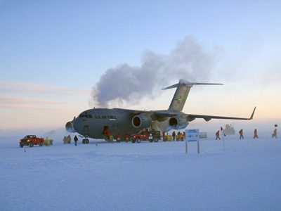 C-17 arriving at 
							Pegasus Field Antarctica