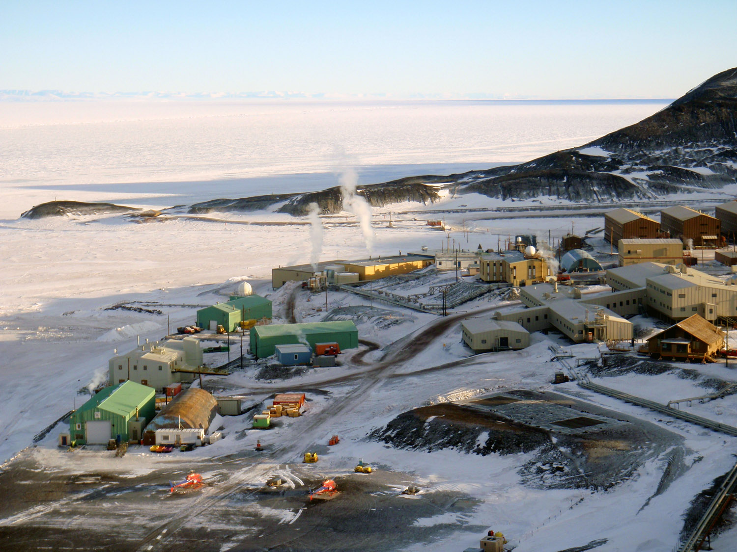 McMurdo Base by the shore, Scott's Hut in Background Mid Left 