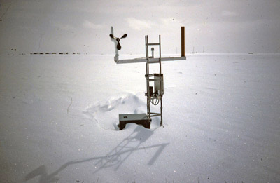 Automatic weather station, before it is raised, Siple behind
