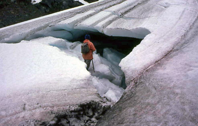 Ice cave opened up in collapsed snow-slope