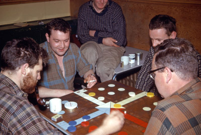 Paul Pilkington, Pete Redfern, Tony Walker and Walt Dawson playing Ukkers - 1963