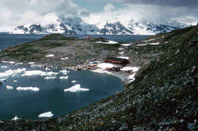 Base H, Signy Island from hill above west side of Factory Cove (before plastic hut built)