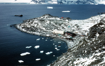 Base H, Signy Island from hill above west side of Factory Cove showing new plastic hut
