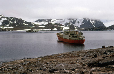 RSS Shackleton tied up off Berntsen Point Signy