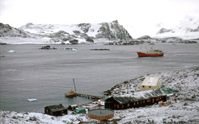 Looking across Borge Bay (RRS Shackleton at mooring)