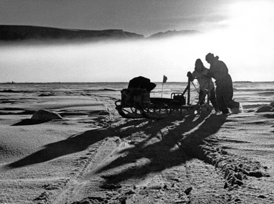 Contre jour pushing Nansen sledge across sea ice