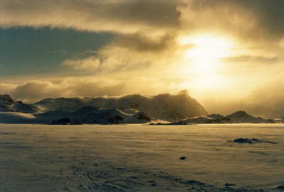 Dommie on sea ice blazing light over Mt Robin