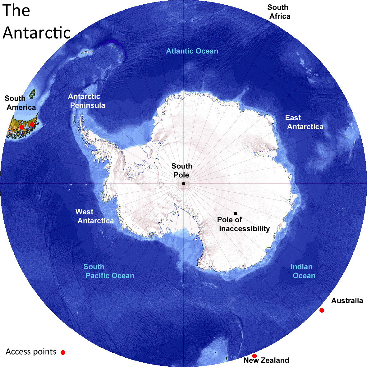 The Antarctic centered on the South Pole Land surrounded by sea