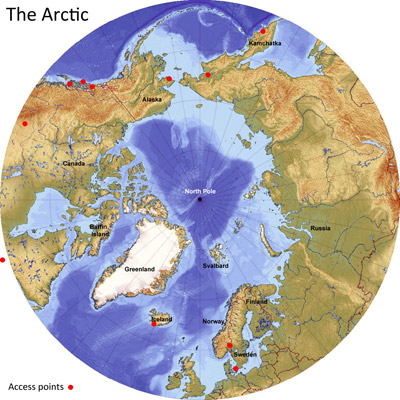 The Arctic centered on the North Pole
Sea surrounded by land