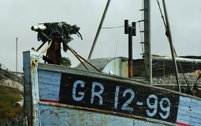 Ilulissat Harbour, Greenland, Fishing Boat with Whaling Harpoon