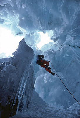 Abseiling into a crevasse